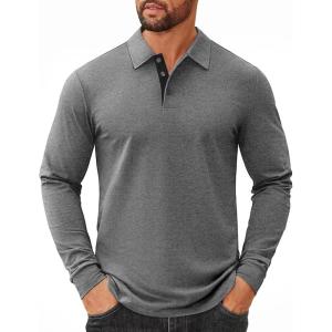 image:imageCOOFANDY Mens Long Sleeve Polo Shirts Cotton Collared Shirts Casual Business Polo Classic Golf T ShirtsDark Grey