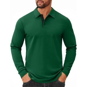 image:imageCOOFANDY Mens Long Sleeve Polo Shirts Cotton Collared Shirts Casual Business Polo Classic Golf T ShirtsGreen