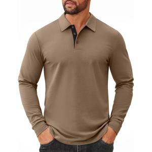 image:imageCOOFANDY Mens Long Sleeve Polo Shirts Cotton Collared Shirts Casual Business Polo Classic Golf T ShirtsKhaki