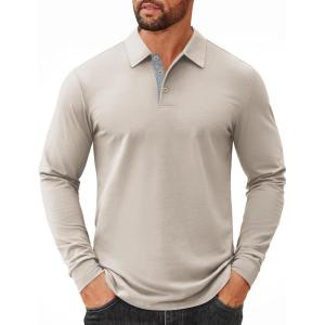 image:imageCOOFANDY Mens Long Sleeve Polo Shirts Cotton Collared Shirts Casual Business Polo Classic Golf T ShirtsLight Khaki