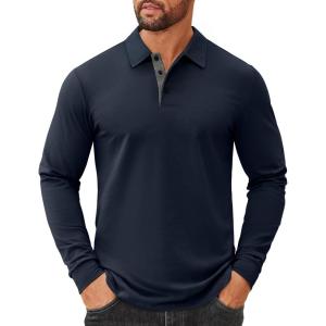 image:imageCOOFANDY Mens Long Sleeve Polo Shirts Cotton Collared Shirts Casual Business Polo Classic Golf T ShirtsNavy Blue