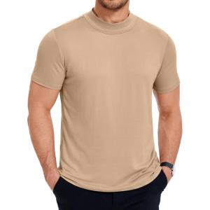image:imageCOOFANDY Mens Mock Turtleneck T Shirt Short Sleeve Slim Fit Basic Casual Solid Color Pullover TeeAkhaki