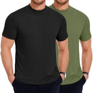 image:imageCOOFANDY Mens Mock Turtleneck T Shirt Short Sleeve Slim Fit Basic Casual Solid Color Pullover TeeBblackArmy Green