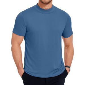 image:imageCOOFANDY Mens Mock Turtleneck T Shirt Short Sleeve Slim Fit Basic Casual Solid Color Pullover TeeDenim Blue