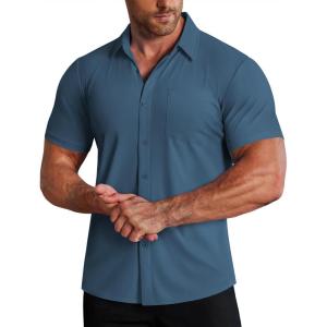 image:imageCOOFANDY Mens Muscle Fit Dress Shirts Stretch WrinkleFree Short Sleeve Casual Button Down ShirtsDark Blue