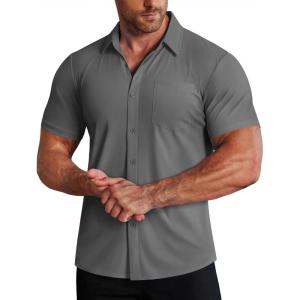 image:imageCOOFANDY Mens Muscle Fit Dress Shirts Stretch WrinkleFree Short Sleeve Casual Button Down ShirtsDark Grey