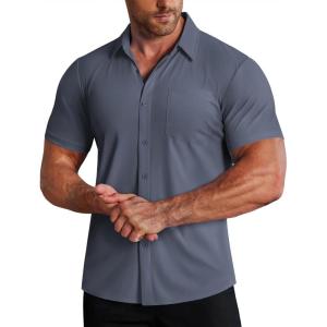 image:imageCOOFANDY Mens Muscle Fit Dress Shirts Stretch WrinkleFree Short Sleeve Casual Button Down ShirtsDeep Blue Sea
