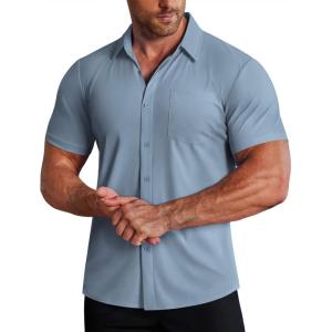 image:imageCOOFANDY Mens Muscle Fit Dress Shirts Stretch WrinkleFree Short Sleeve Casual Button Down ShirtsHaze Blue