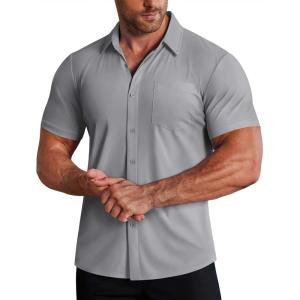 image:imageCOOFANDY Mens Muscle Fit Dress Shirts Stretch WrinkleFree Short Sleeve Casual Button Down ShirtsLight Grey