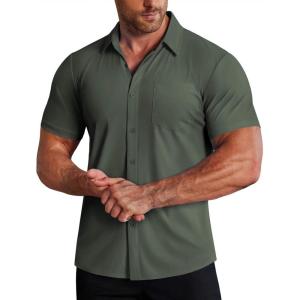 image:imageCOOFANDY Mens Muscle Fit Dress Shirts Stretch WrinkleFree Short Sleeve Casual Button Down ShirtsOlive Green