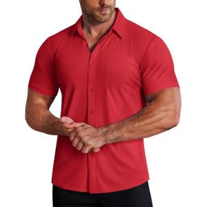 image:imageCOOFANDY Mens Muscle Fit Dress Shirts Stretch WrinkleFree Short Sleeve Casual Button Down ShirtsRed