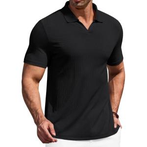image:imageCOOFANDY Mens Muscle V Neck Polo Shirts Stretch Short Sleeve Golf TShirts Ribbed Knit Soft TeesBlack