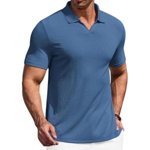 image:imageCOOFANDY Mens Muscle V Neck Polo Shirts Stretch Short Sleeve Golf TShirts Ribbed Knit Soft TeesBlue