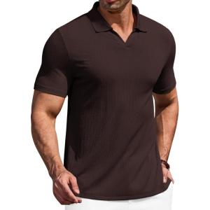 image:imageCOOFANDY Mens Muscle V Neck Polo Shirts Stretch Short Sleeve Golf TShirts Ribbed Knit Soft TeesBrown
