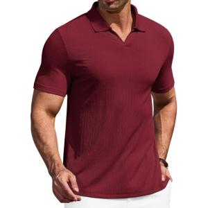 image:imageCOOFANDY Mens Muscle V Neck Polo Shirts Stretch Short Sleeve Golf TShirts Ribbed Knit Soft TeesWine Red