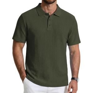 image:imageCOOFANDY Mens Polo Shirts Short Sleeve Casual Knit Textured Polo Shirt Summer Collared TShirtDark Army Green
