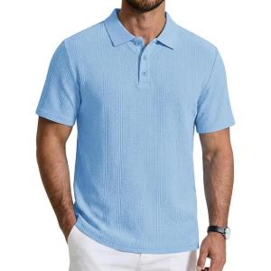 image:imageCOOFANDY Mens Polo Shirts Short Sleeve Casual Knit Textured Polo Shirt Summer Collared TShirtLight Blue