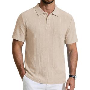 image:imageCOOFANDY Mens Polo Shirts Short Sleeve Casual Knit Textured Polo Shirt Summer Collared TShirtLight Khaki