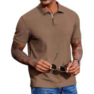 image:imageCOOFANDY Mens Polo Shirts Short Sleeve Cotton Pique Casual Button T Shirts Classic Fit Collared Golf ShirtsBrown