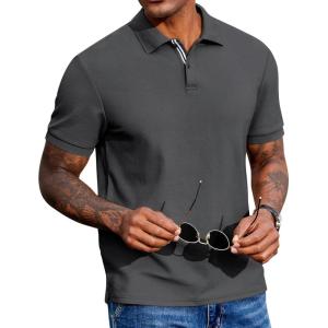 image:imageCOOFANDY Mens Polo Shirts Short Sleeve Cotton Pique Casual Button T Shirts Classic Fit Collared Golf ShirtsDark Gray