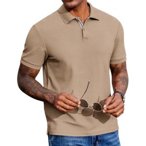 image:imageCOOFANDY Mens Polo Shirts Short Sleeve Cotton Pique Casual Button T Shirts Classic Fit Collared Golf ShirtsKhaki