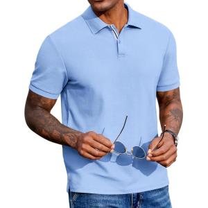 image:imageCOOFANDY Mens Polo Shirts Short Sleeve Cotton Pique Casual Button T Shirts Classic Fit Collared Golf ShirtsLight Blue