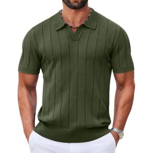 image:imageCOOFANDY Mens Polo Shirts Short Sleeve V Neck Knit Shirts for Men Casual Old Money Clothes Mens Golf ShirtArmy Green
