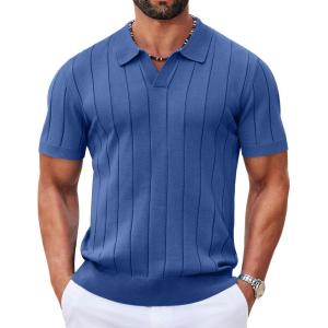 image:imageCOOFANDY Mens Polo Shirts Short Sleeve V Neck Knit Shirts for Men Casual Old Money Clothes Mens Golf ShirtBlue