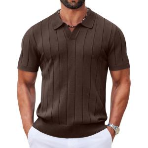 image:imageCOOFANDY Mens Polo Shirts Short Sleeve V Neck Knit Shirts for Men Casual Old Money Clothes Mens Golf ShirtBrown
