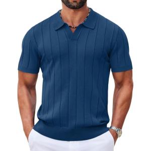 image:imageCOOFANDY Mens Polo Shirts Short Sleeve V Neck Knit Shirts for Men Casual Old Money Clothes Mens Golf ShirtLake Blue