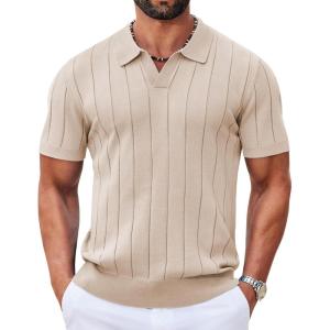 image:imageCOOFANDY Mens Polo Shirts Short Sleeve V Neck Knit Shirts for Men Casual Old Money Clothes Mens Golf ShirtLight Khaki