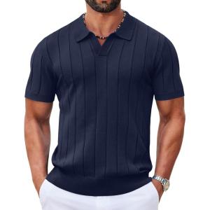 image:imageCOOFANDY Mens Polo Shirts Short Sleeve V Neck Knit Shirts for Men Casual Old Money Clothes Mens Golf ShirtNavy Blue