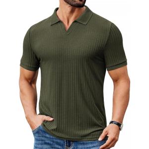 image:imageCOOFANDY Mens Ribbed Polo Shirts Short Sleeve V Neck Slim Fit Polo TShirt Casual Summer Collared Golf ShirtArmy Green