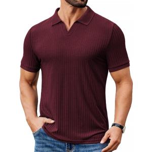image:imageCOOFANDY Mens Ribbed Polo Shirts Short Sleeve V Neck Slim Fit Polo TShirt Casual Summer Collared Golf ShirtDark Red