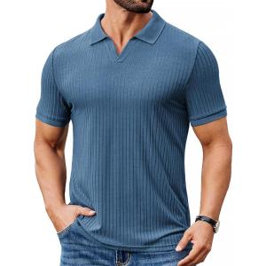 image:imageCOOFANDY Mens Ribbed Polo Shirts Short Sleeve V Neck Slim Fit Polo TShirt Casual Summer Collared Golf ShirtGray Blue