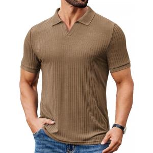 image:imageCOOFANDY Mens Ribbed Polo Shirts Short Sleeve V Neck Slim Fit Polo TShirt Casual Summer Collared Golf ShirtKhaki