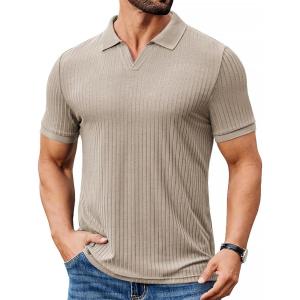 image:imageCOOFANDY Mens Ribbed Polo Shirts Short Sleeve V Neck Slim Fit Polo TShirt Casual Summer Collared Golf ShirtLight Khaki