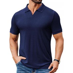 image:imageCOOFANDY Mens Ribbed Polo Shirts Short Sleeve V Neck Slim Fit Polo TShirt Casual Summer Collared Golf ShirtNavy Blue