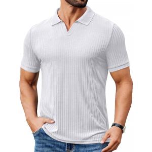 image:imageCOOFANDY Mens Ribbed Polo Shirts Short Sleeve V Neck Slim Fit Polo TShirt Casual Summer Collared Golf ShirtWhite