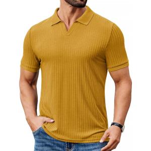 image:imageCOOFANDY Mens Ribbed Polo Shirts Short Sleeve V Neck Slim Fit Polo TShirt Casual Summer Collared Golf ShirtYellow