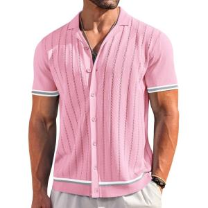 image:imageCOOFANDY Mens Short Sleeve Knit Shirt Casual Button Down Shirt Vintage Striped Knitted Golf Beach TopsCoral Pink