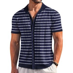 image:imageCOOFANDY Mens Short Sleeve Knit Shirt Casual Button Down Shirt Vintage Striped Knitted Golf Beach TopsTz377