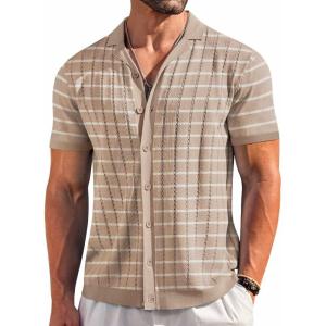 image:imageCOOFANDY Mens Short Sleeve Knit Shirt Casual Button Down Shirt Vintage Striped Knitted Golf Beach TopsTz389