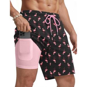 image:imageCOOFANDY Mens Swim Trunks with Compression Liner Quick Dry 7 Inch Bathing Suit Beach Short with Zipper PocketsPink Flamingo
