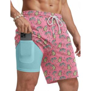 image:imageCOOFANDY Mens Swim Trunks with Compression Liner Quick Dry 7 Inch Bathing Suit Beach Short with Zipper PocketsPink Pineapple
