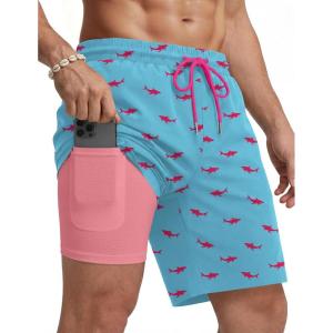 image:imageCOOFANDY Mens Swim Trunks with Compression Liner Quick Dry 7 Inch Bathing Suit Beach Short with Zipper PocketsPink Shark