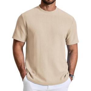 image:imageCOOFANDY Mens TShirt Short Sleeve Crew Neck Textured Shirts Classic Knit Pullover TeesLight Khaki