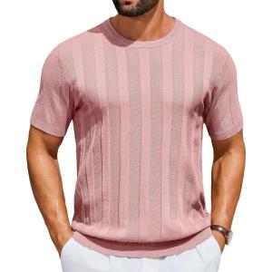 image:imageCOOFANDY Mens TShirts Short Sleeve Knit Shirt Crew Neck Sweater Fashion Casual Textured Pullover TeesLight Pink