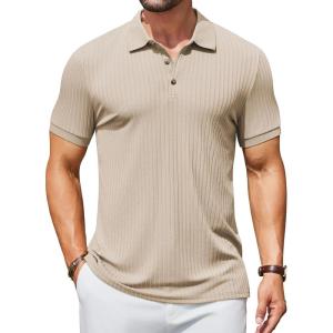 image:imageCOOFANDY Mens Textured Polo Shirts Short Sleeve Slim Fit Casual Button Polo TShirt Summer Collared Golf ShirtLight Khaki