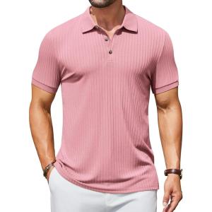 image:imageCOOFANDY Mens Textured Polo Shirts Short Sleeve Slim Fit Casual Button Polo TShirt Summer Collared Golf ShirtPink